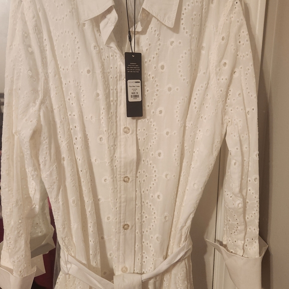 White Eyelet Button-Up Dress With Tie Belt B - Picture 8 of 11